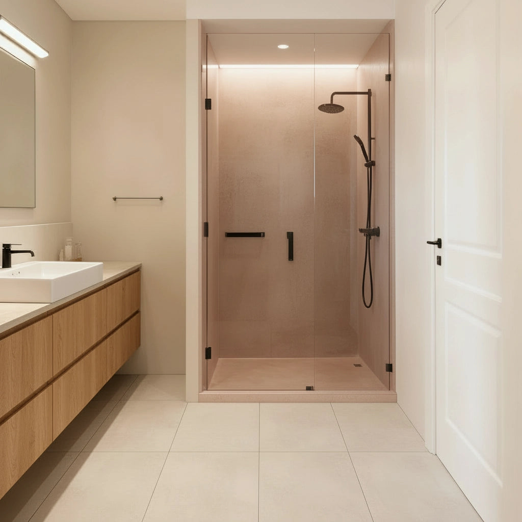 Ducha revestida en microcemento color Champagne con mampara de vidrio y grifería negra, en un baño luminoso de estilo minimalista.