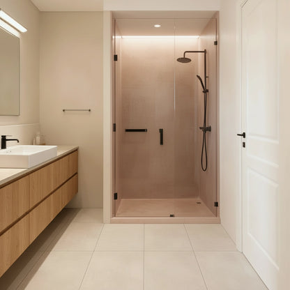 Ducha revestida en microcemento color Champagne con mampara de vidrio y grifería negra, en un baño luminoso de estilo minimalista.