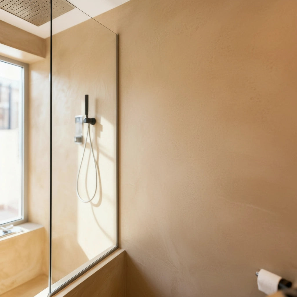 Ducha revestida con microcemento color India, iluminada por la luz natural que entra a través de la ventana.