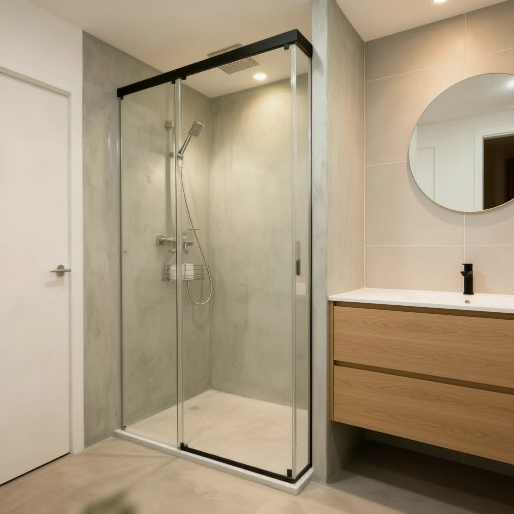 Ducha revestida con microcemento color Moss, combinada con mampara de vidrio y muebles de baño en madera clara.