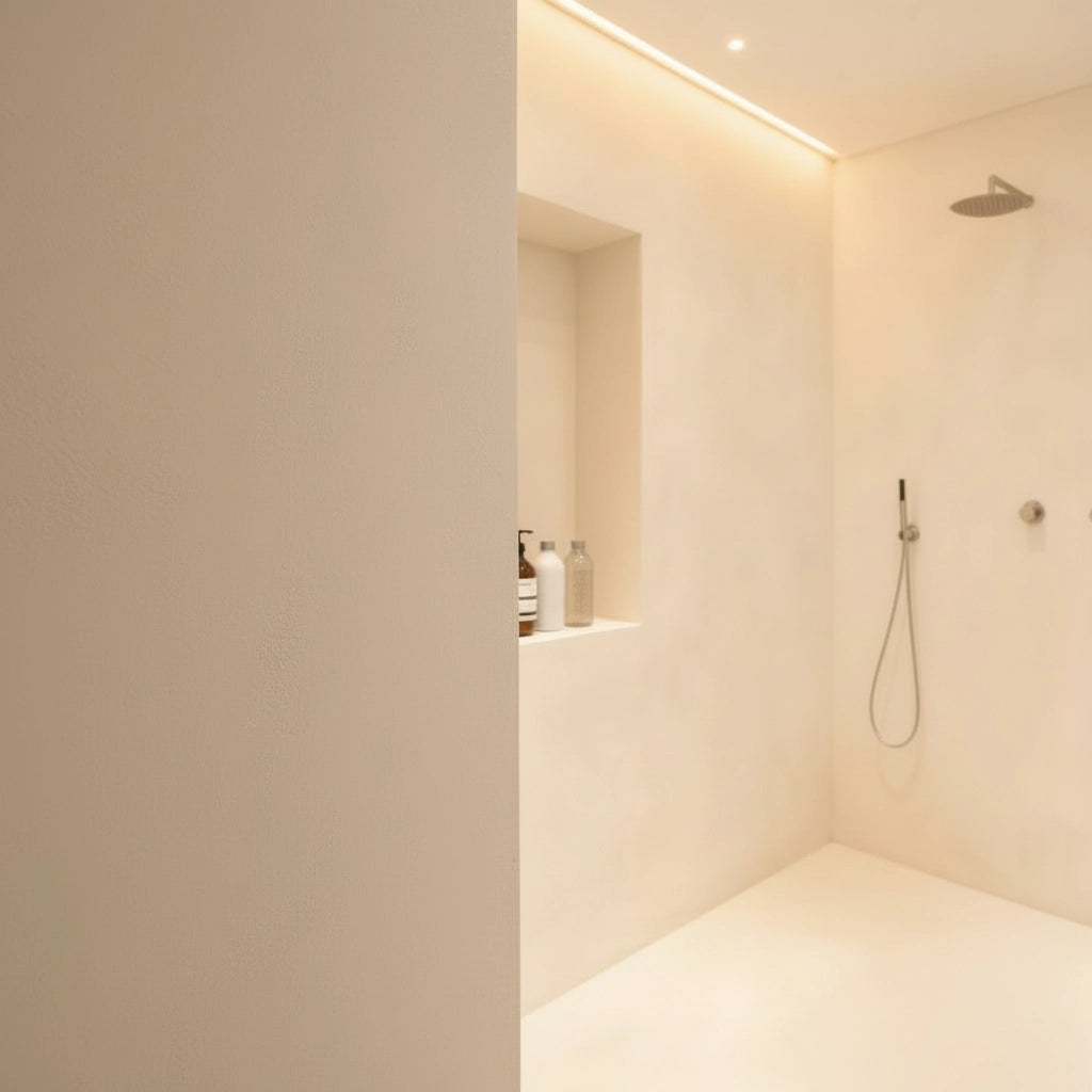 Baño de hotel con ducha de microcemento color Blanco Roto con hornacina integrada.