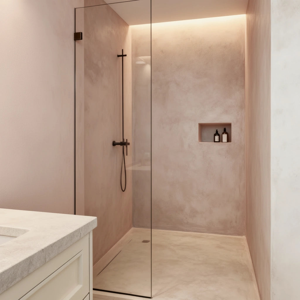 Baño acogedor de estilo suave con ducha abierta con microcemento color Blush en paredes y plato.
