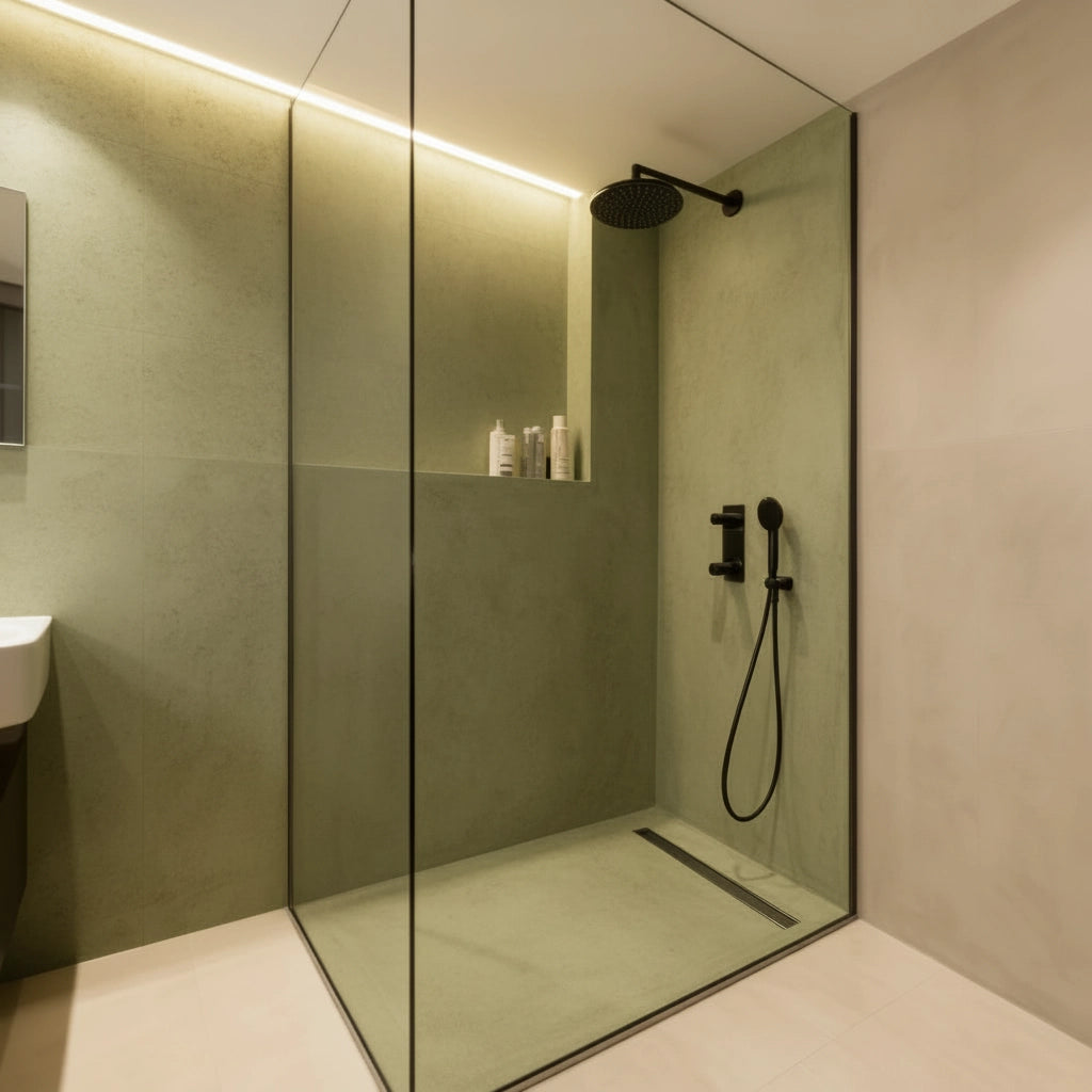 Original ducha con microcemento color Khaki en plato de ducha y paredes, que contrasta con los tonos terrosos del resto del baño.