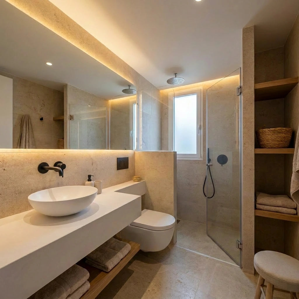Baño contemporáneo con encimera de microcemento color Blanco, lavabo sobrepuesto, espejo retroiluminado, ducha acristalada y estantería de nichos integrada.