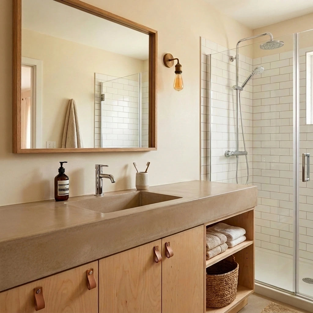 Baño cálido con encimera de microcemento marrón color Café, lavabo integrado, mueble de madera y ducha acristalada con azulejos blancos.