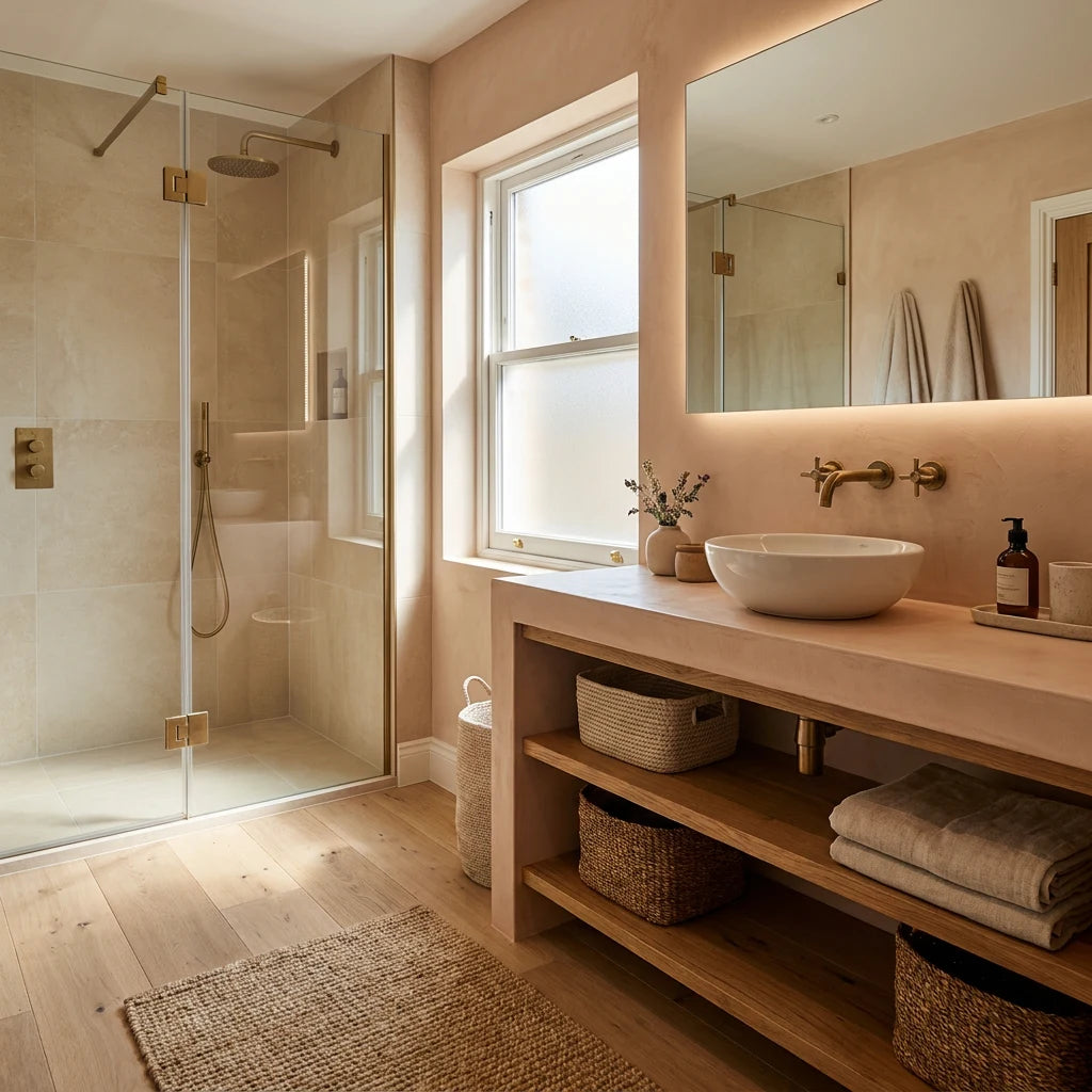 Baño luminoso con encimera de microcemento color Salmón, lavabo blanco sobrepuesto, ducha acristalada y mueble abierto de madera.