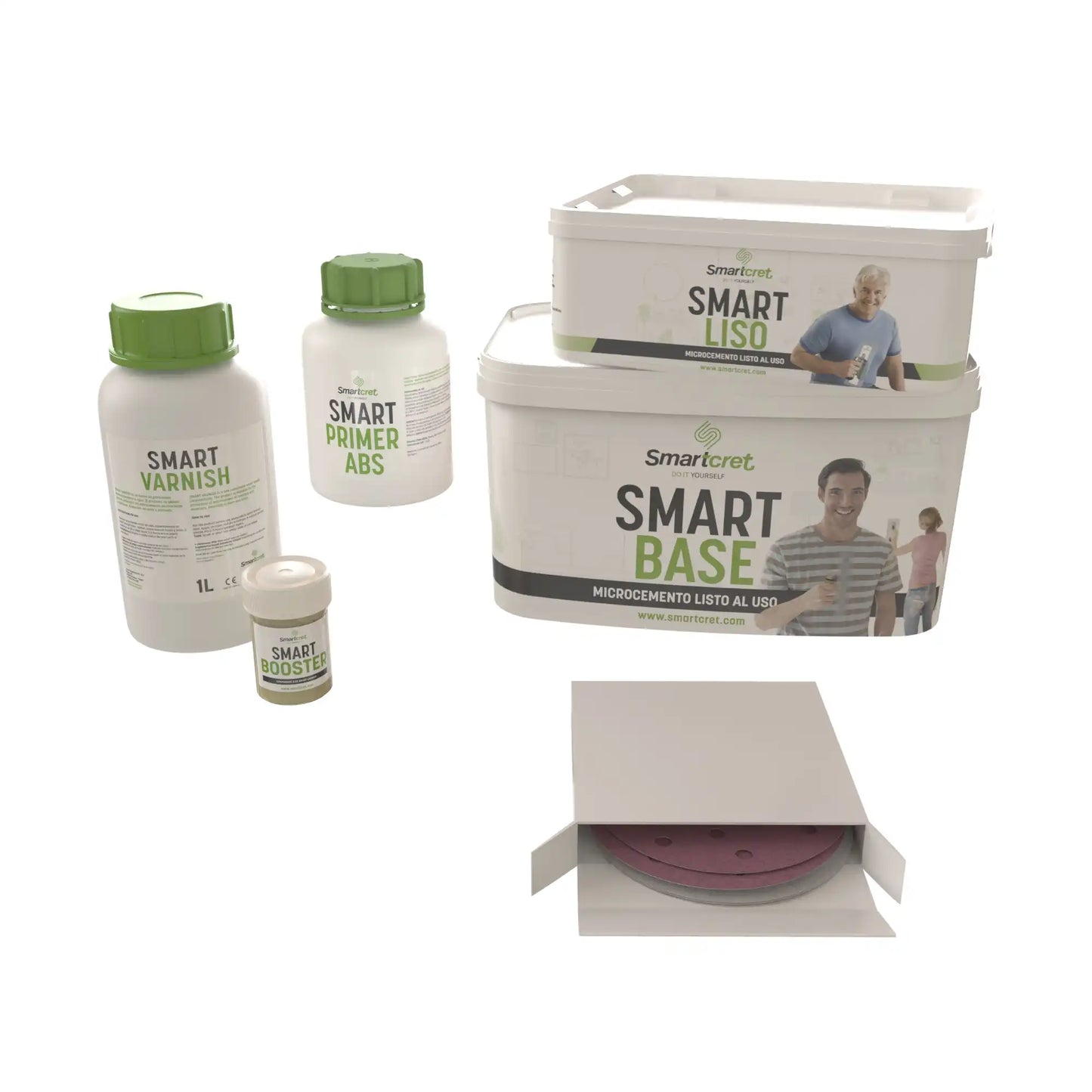 Productos que componen el kit de microcemento Smartcret para encimera de obra de 4 metros cuadrados.