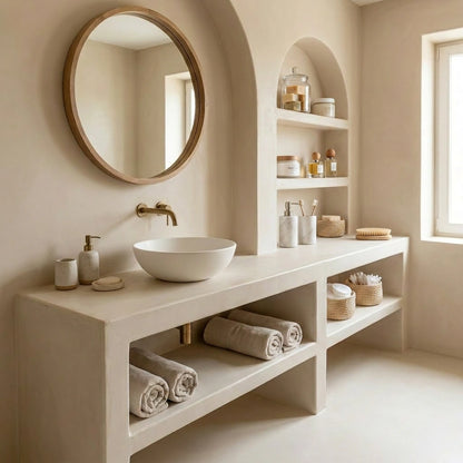 Baño mediterráneo con encimera de obra revestida en microcemento color Banco Roto, espejo redondo y nichos con accesorios de baño.