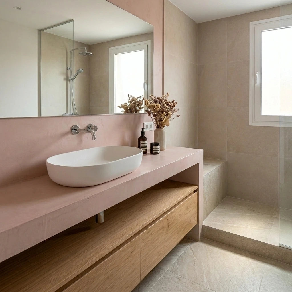 Baño cálido con encimera de obra revestida en microcemento rosa color Blush, lavabo blanco sobrepuesto, mueble de madera y ducha acristalada.