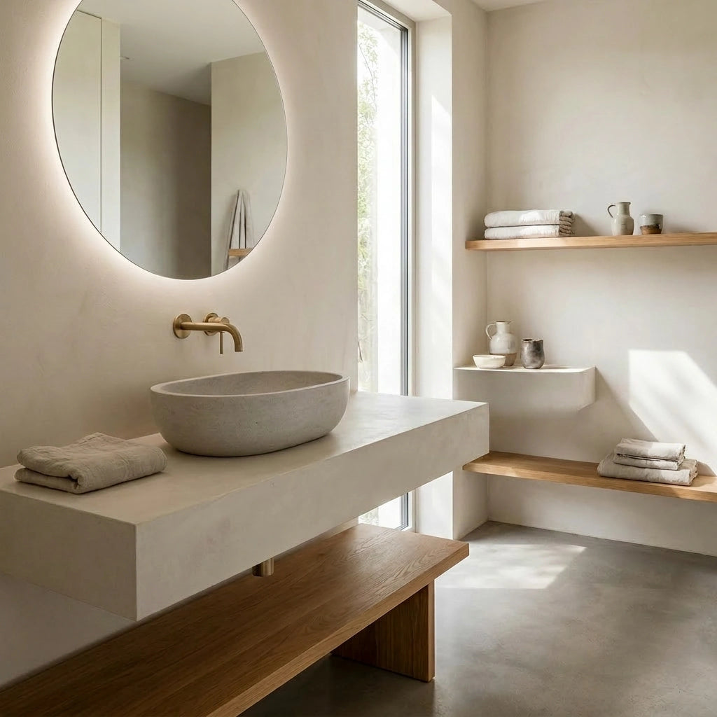 Baño minimalista con encimera suspendida de microcemento color Bone, lavabo sobre encimera, espejo redondo retroiluminado y baldas de madera.
