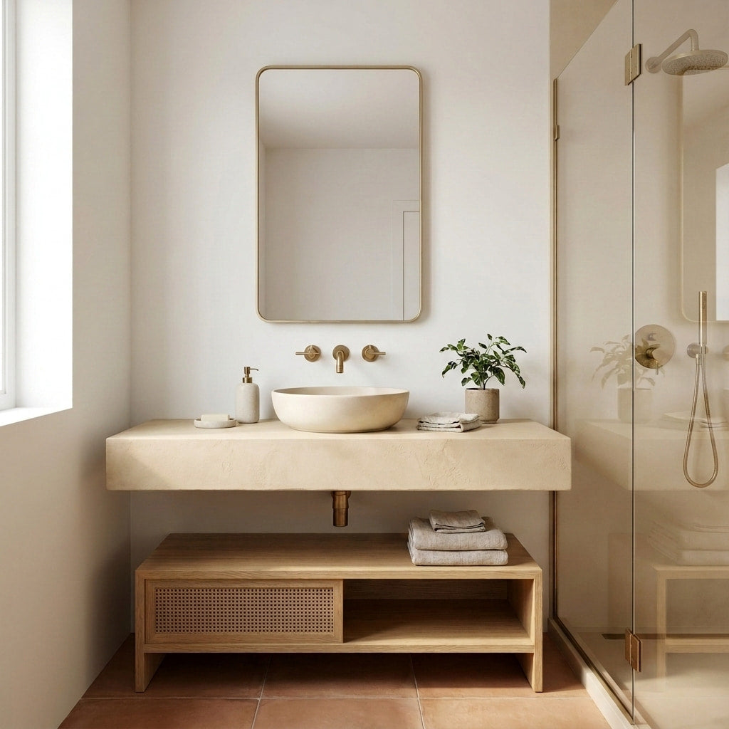 Baño cálido con encimera de obra reformada con microcemento arena color Champagne, grifería dorada y mueble inferior de madera con rejilla.
