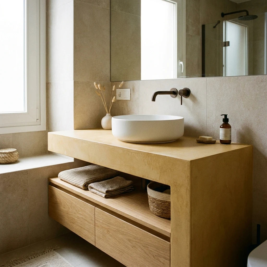 Baño cálido con encimera de obra revestida en microcemento amarillo color India, lavabo blanco sobrepuesto, grifería negra y mueble inferior de madera natural.