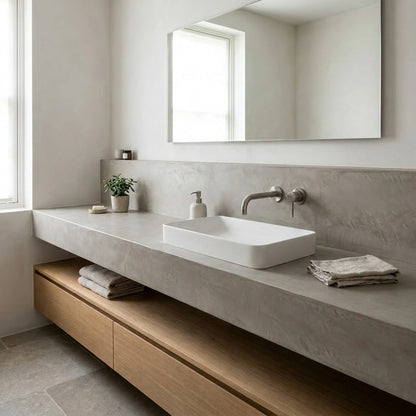 Baño contemporáneo con encimera de obra revestida en microcemento gris color Universe, lavabo blanco sobrepuesto, grifería mural y mueble inferior de madera.