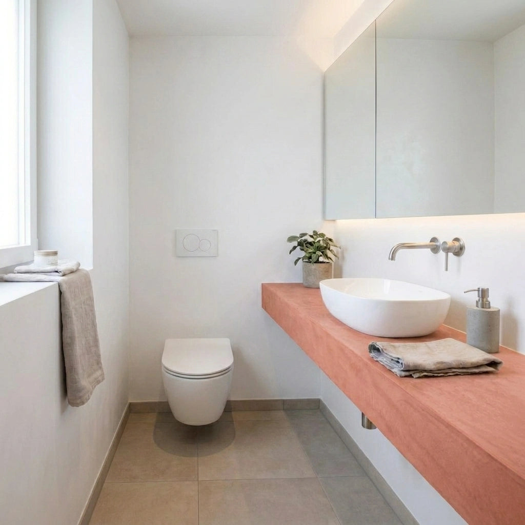 Encimera flotante de microcemento rosa color Coral en un aseo pequeño y luminoso, con lavabo blanco, inodoro suspendido y suelo cerámico gris.