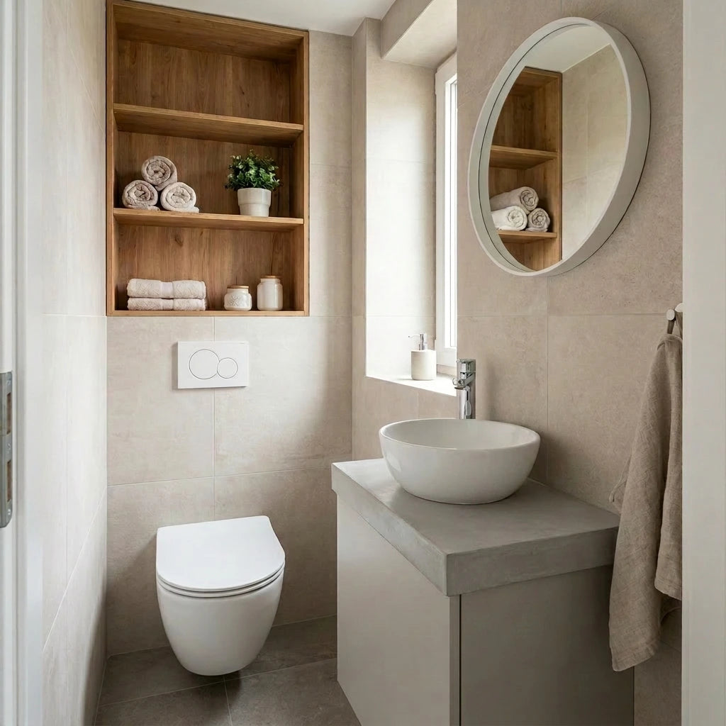Aseo pequeño con encimera de microcemento gris color Universe, lavabo sobrepuesto, espejo redondo y estantería de madera sobre el inodoro.