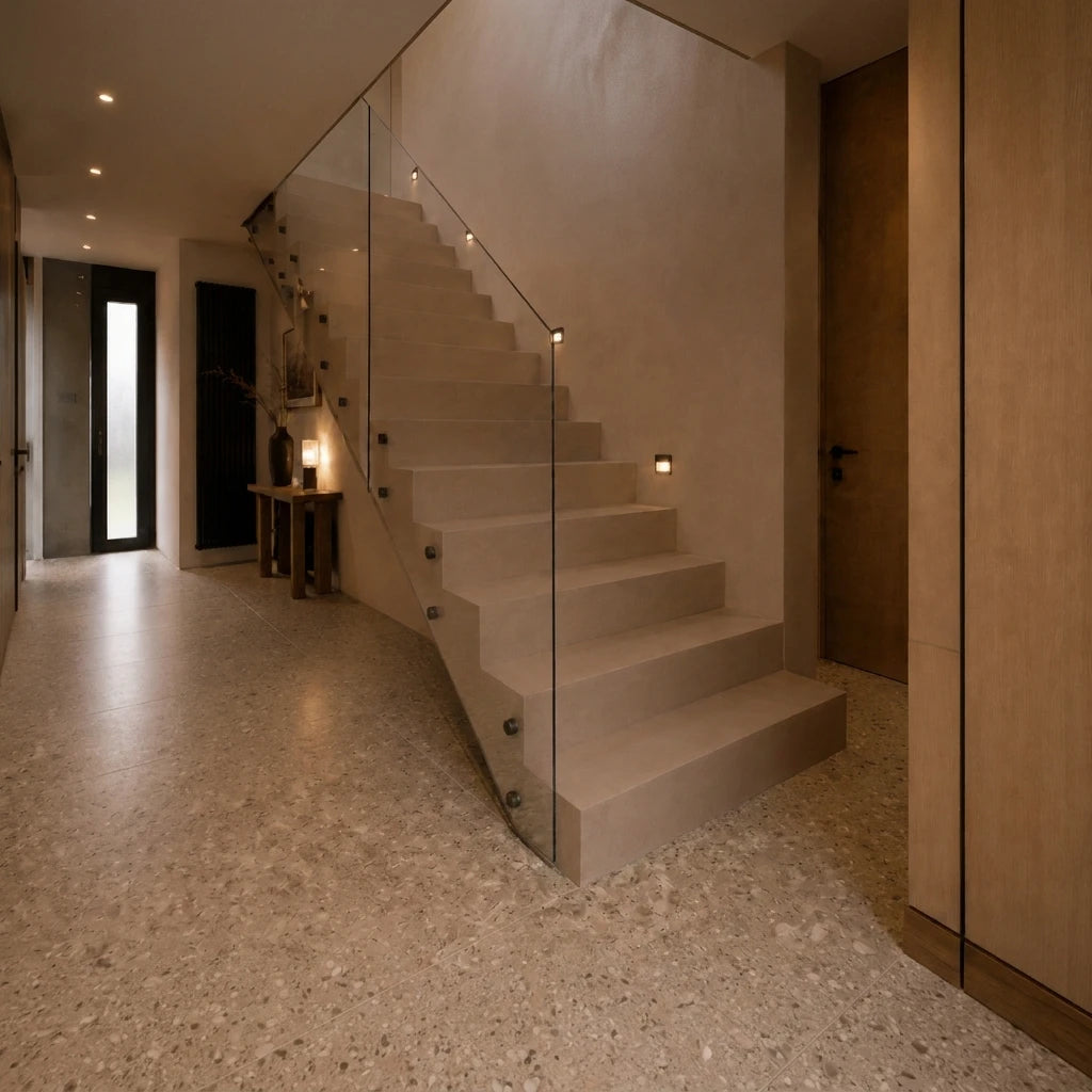 Hall de entrada de una vivienda con escalera de microcemento marrón color Café, barandilla de vidrio y suelo tipo terrazo.