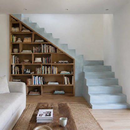 Salón moderno y luminoso con escalera de microcemento azul pastel color Breeze, estantería de libros integrada bajo la escalera y suelo de madera.