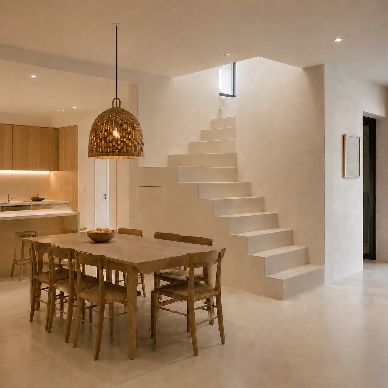 Comedor integrado con escalera revestida en microcemento blanco color Porcelain, mesa de madera, lámpara de fibras naturales y ambiente cálido.