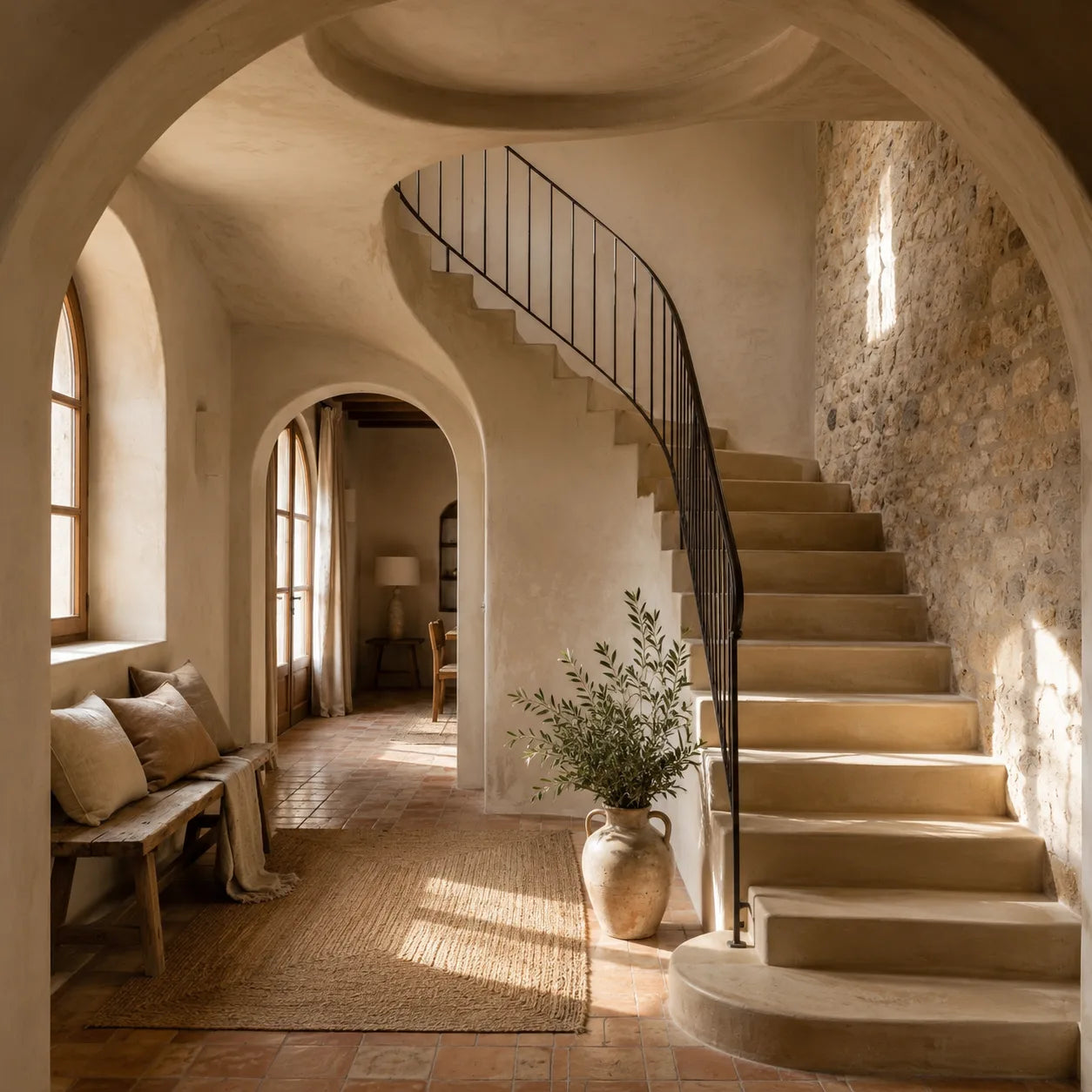 Entrada de casa de campo con escalera revestida en microcemento color Champagne, pared de piedra natural, arcos interiores y suelo de baldosas rústicas.