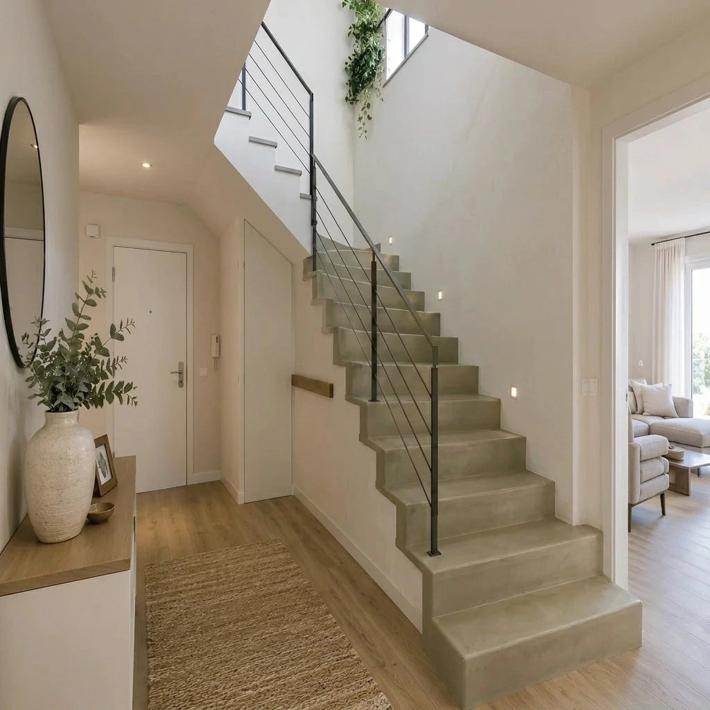 Recibidor de vivienda con escalera revestida en microcemento gris color Papyrus, barandilla negra, iluminación integrada y suelo de madera.