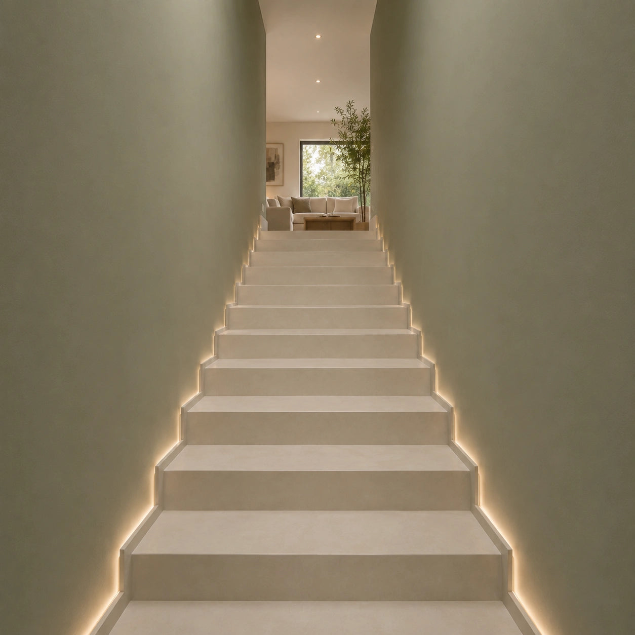 Escaleras revestidas de microcemento en color Porcelain con iluminación LED lateral y acceso a salón de diseño contemporáneo.