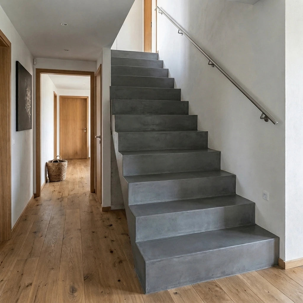 Escalera interior de microcemento gris color Shale Grey en la planta baja de una casa, combinada con suelo de madera y paredes blancas.