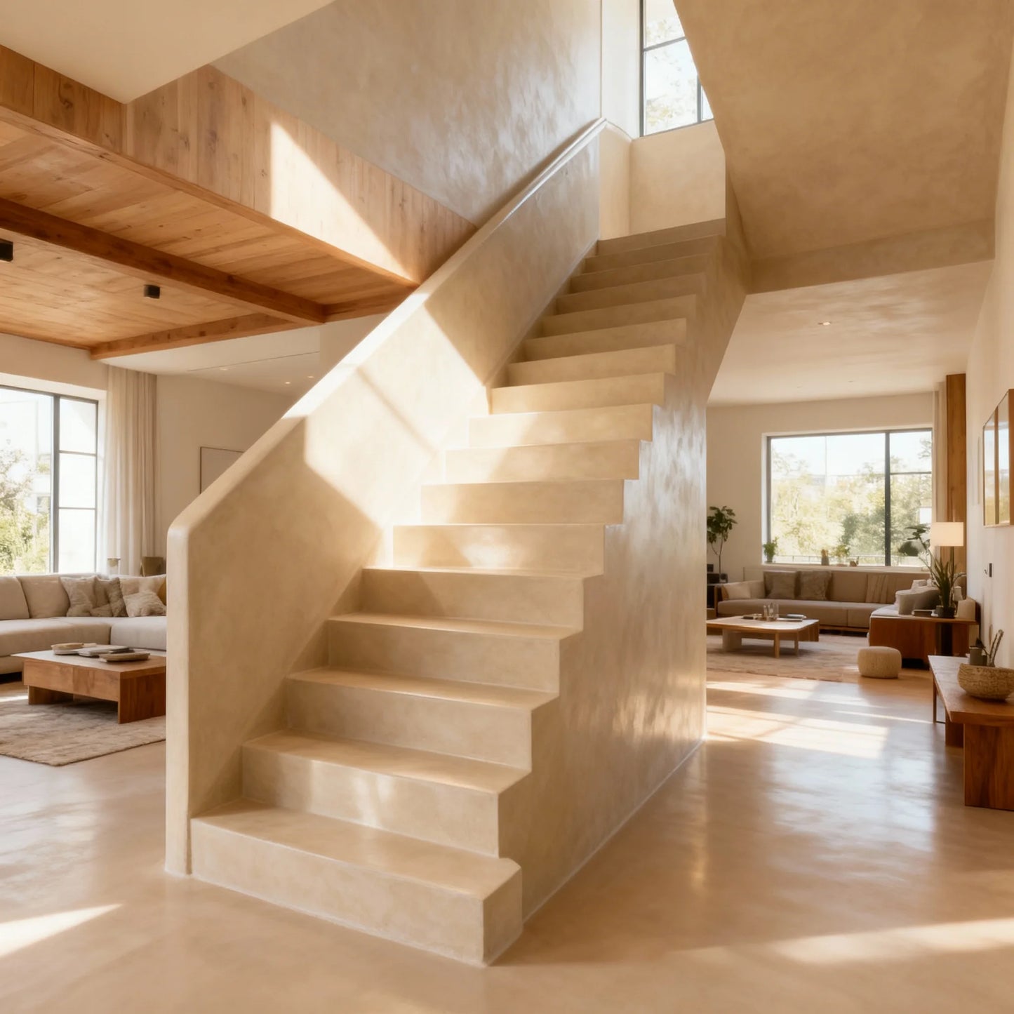  Escalera de obra con microcemento color Bone iluminada por un gran ventanal en un salón de estilo cálido.