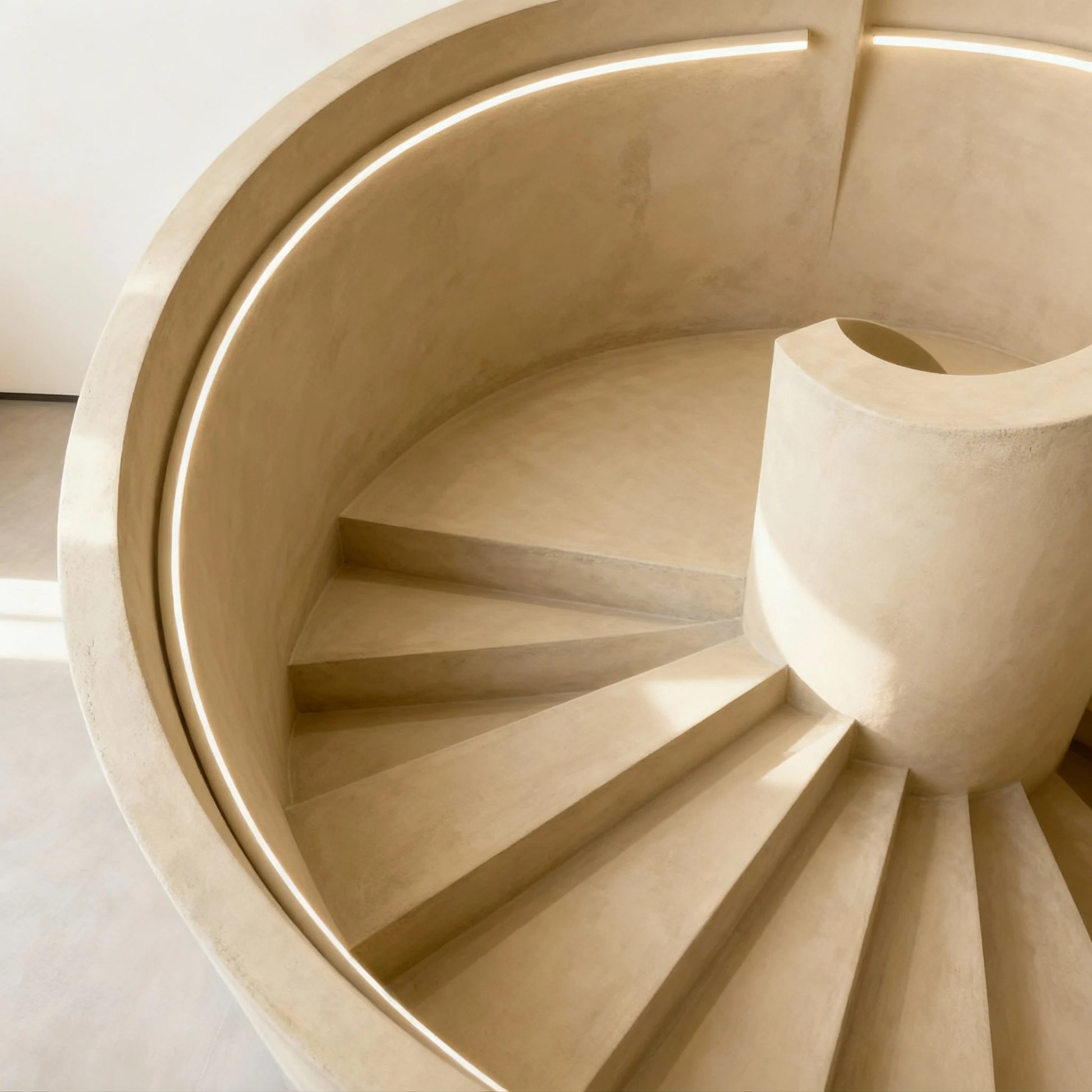 Plano cenital de escalera helicoidal revestida con microcemento color Mojave.