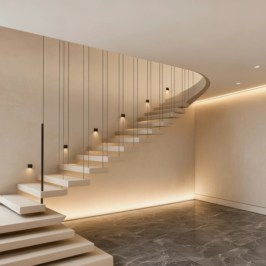  Escalera suspendida con microcemento color Porcelain, peldaños flotantes y luz ambiental en un espacio de diseño minimalista.