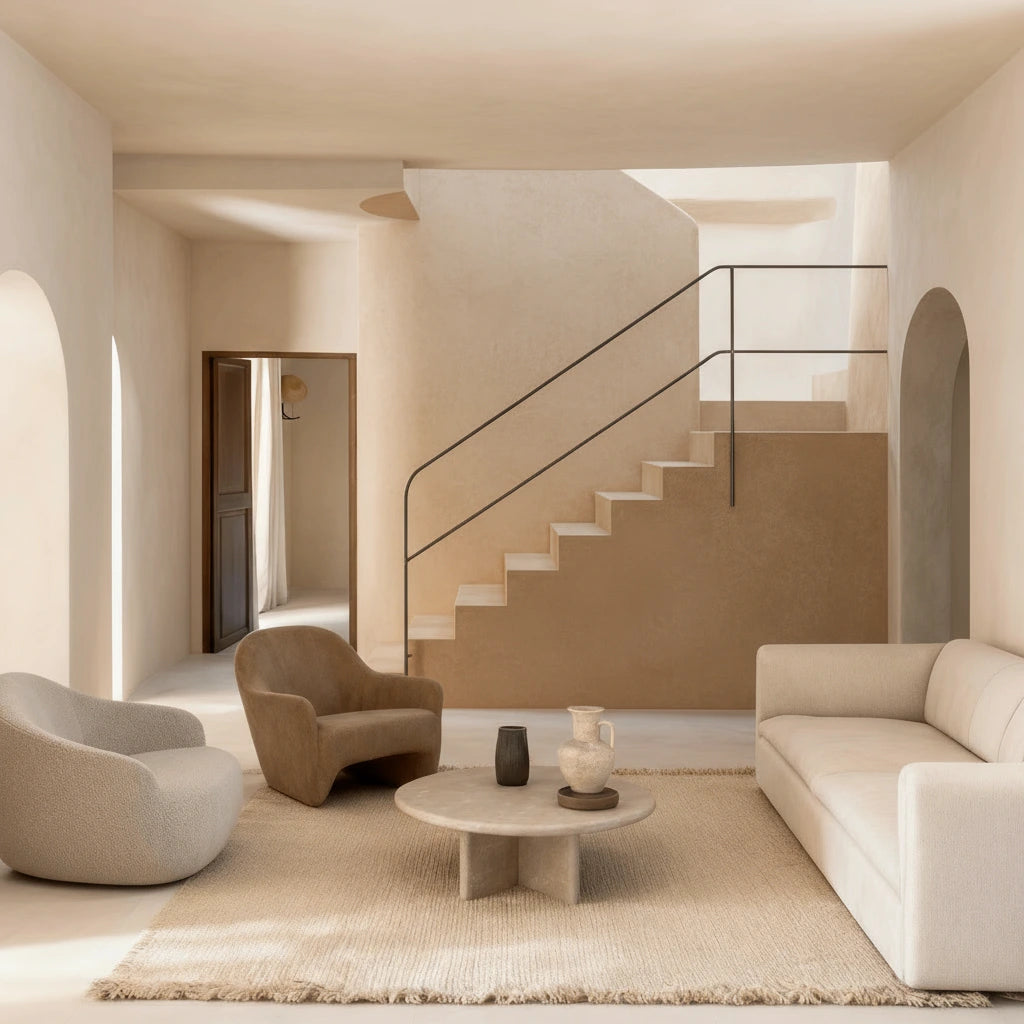 Escalera de obra revestida con microcemento color Bone integrada en una sala de estar estilo mediterráneo con tonos neutros.