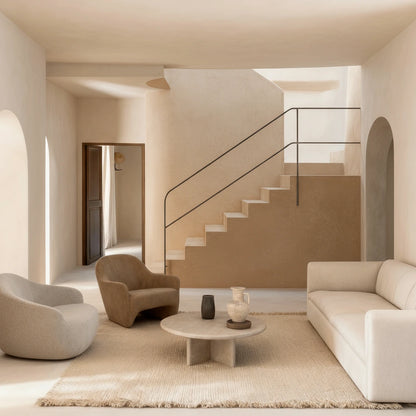 Escalera de obra revestida con microcemento color Bone integrada en una sala de estar estilo mediterráneo con tonos neutros.