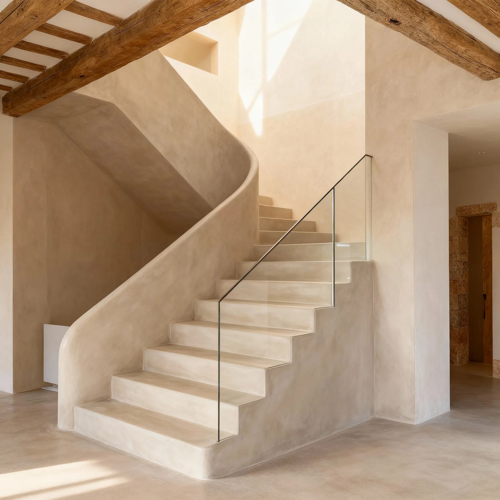  Escalera de obra en microcemento color Champagne con barandilla de vidrio, bañada por luz natural bajo vigas de madera.