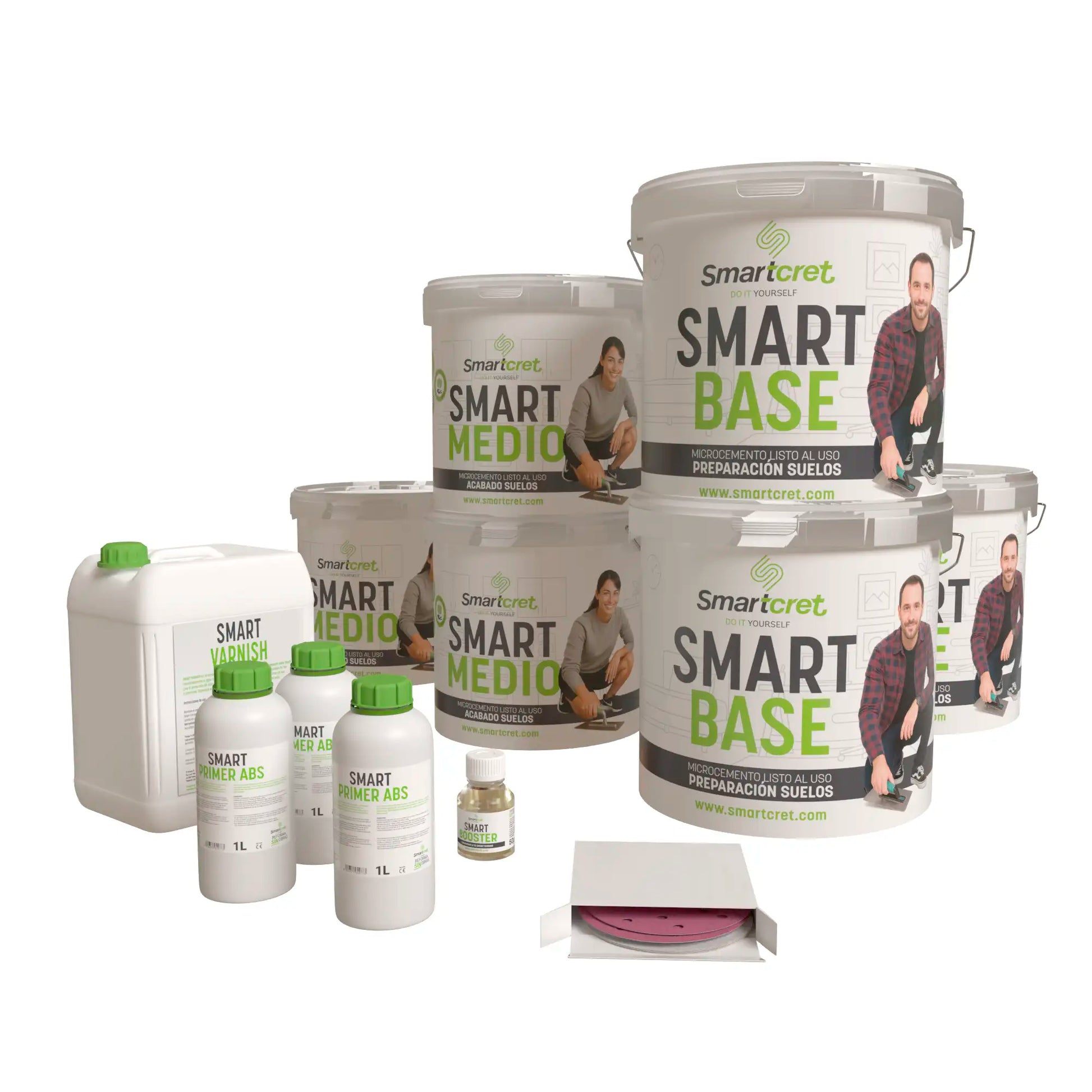 Imagen del kit de microcemento Smartcret para escaleras de obra, composición completa de los envases necesarios para 24 m².