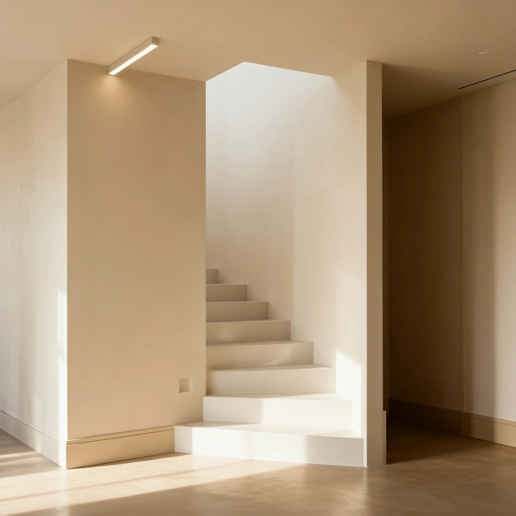 Escalera de obra revestida con microcemento color Blanco Roto y luz cenital que dibuja sombras suaves