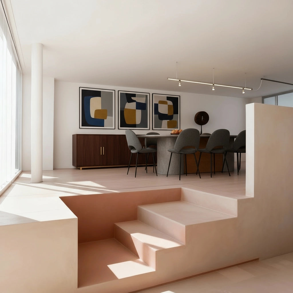 Escalera de obra en microcemento color Coral que conecta dos niveles, con luz natural y comedor contemporáneo al fondo.