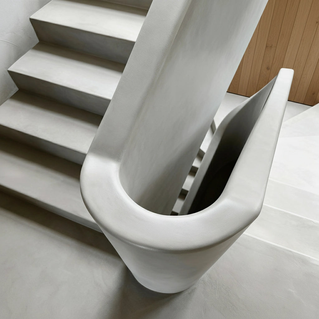 Escalera de obra revestida en microcemento color Universe con pasamanos curvo integrado y acabado continuo.