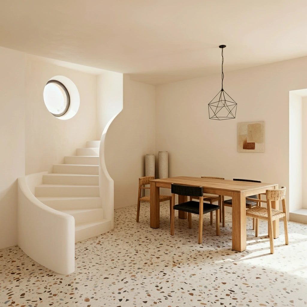 Comedor luminoso con escalera curva de obra en microcemento Blanco, mesa de madera y suelo de terrazo.