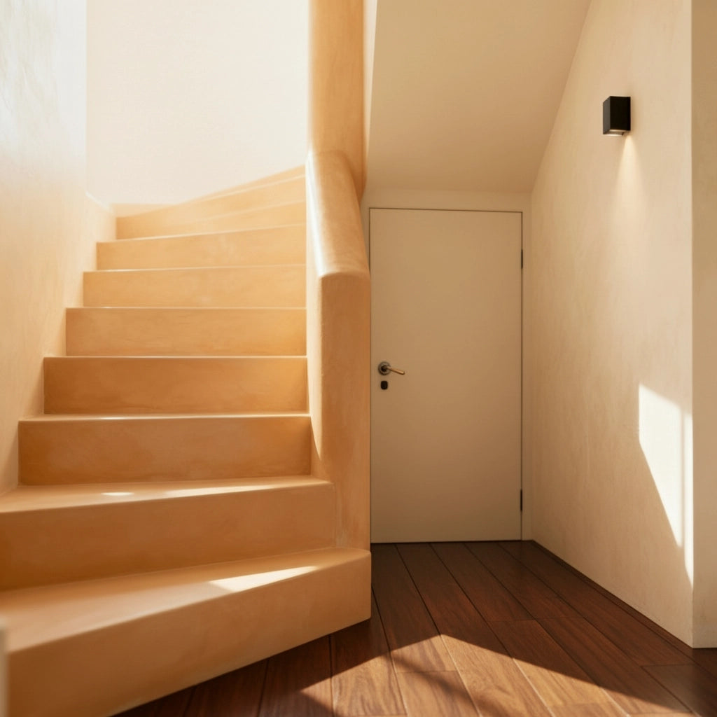 Escalera de obra en microcemento color India con barandilla integrada sobre suelo de madera.