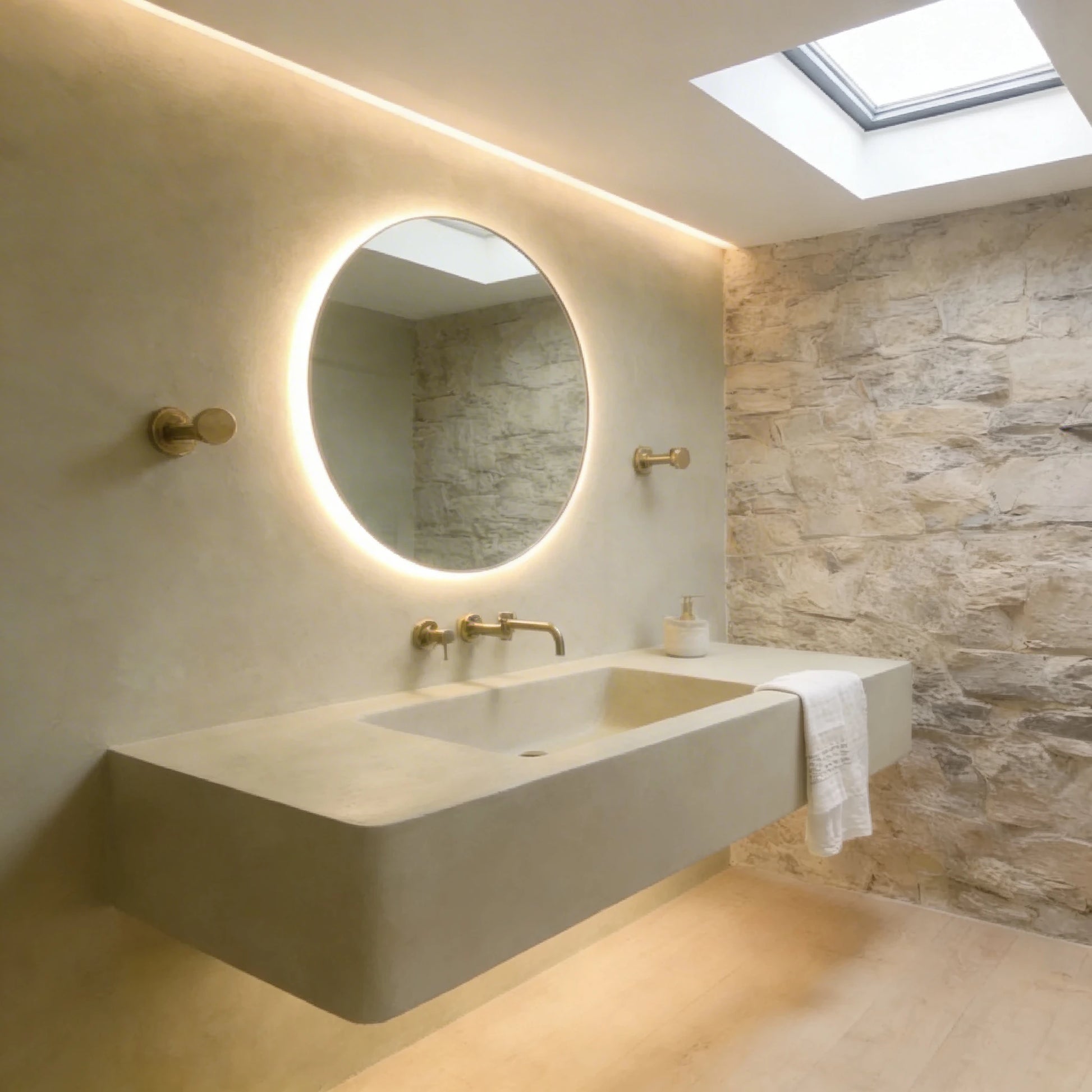 Lavabo de microcemento color Liquen integrado en mueble de obra, en un baño con espejo redondo retroiluminado, grifería dorada empotrada y pared revestida en piedra natural.