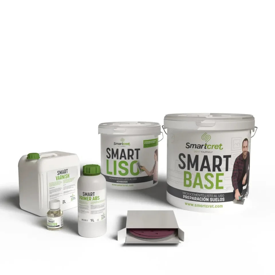 Imagen de los envases que forman el kit de microcemento Smartcret para lavabos de obra para 8 m².