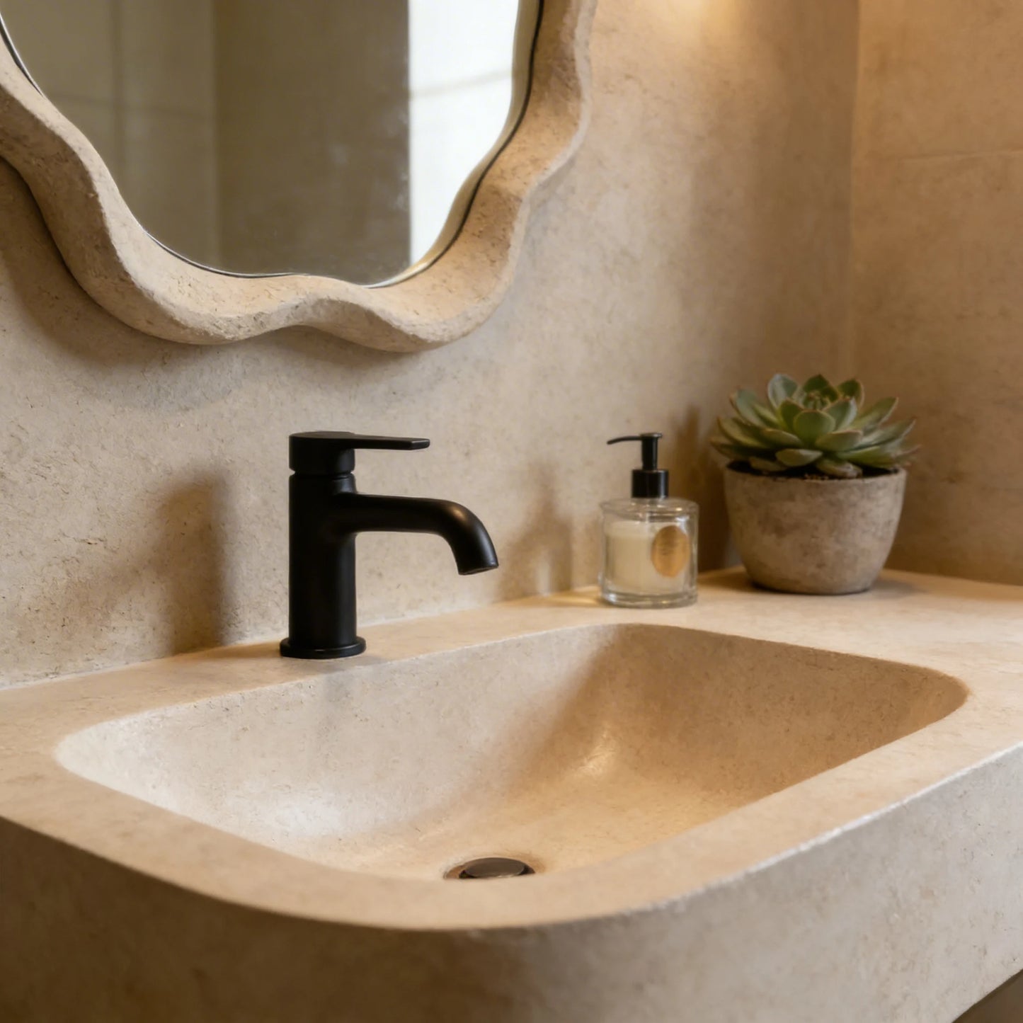 Lavabo de microcemento en color Mojave, con textura lisa y sedosa, integrado en encimera del mismo material.