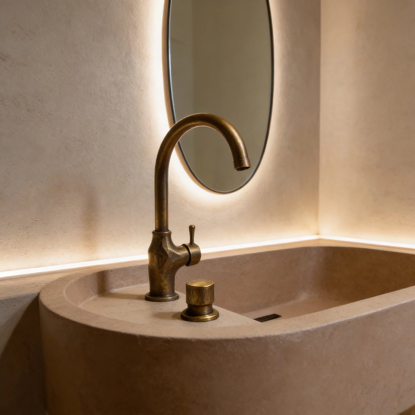 Lavabo de microcemento color Café  con forma ovalada y bordes redondeados, grifería en acabado latón envejecido y espejo redondo con iluminación indirecta.