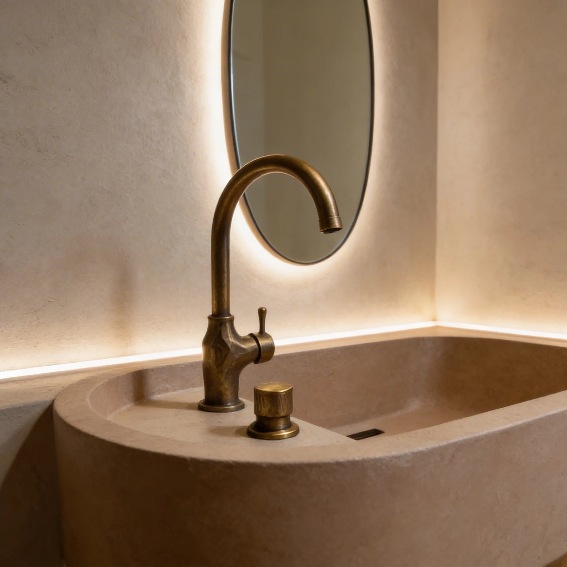 Lavabo de microcemento color Café  con forma ovalada y bordes redondeados, grifería en acabado latón envejecido y espejo redondo con iluminación indirecta.