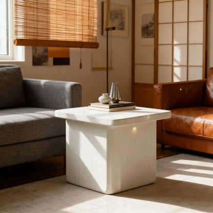 Mesa de centro cuadrada de microcemento color Blanco en sala de estar luminosa, entre sofá gris y sillón de cuero.