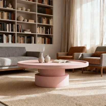 Mesa redonda de microcemento color Blush en salón con librería y sofás tapizados en tonos neutros.