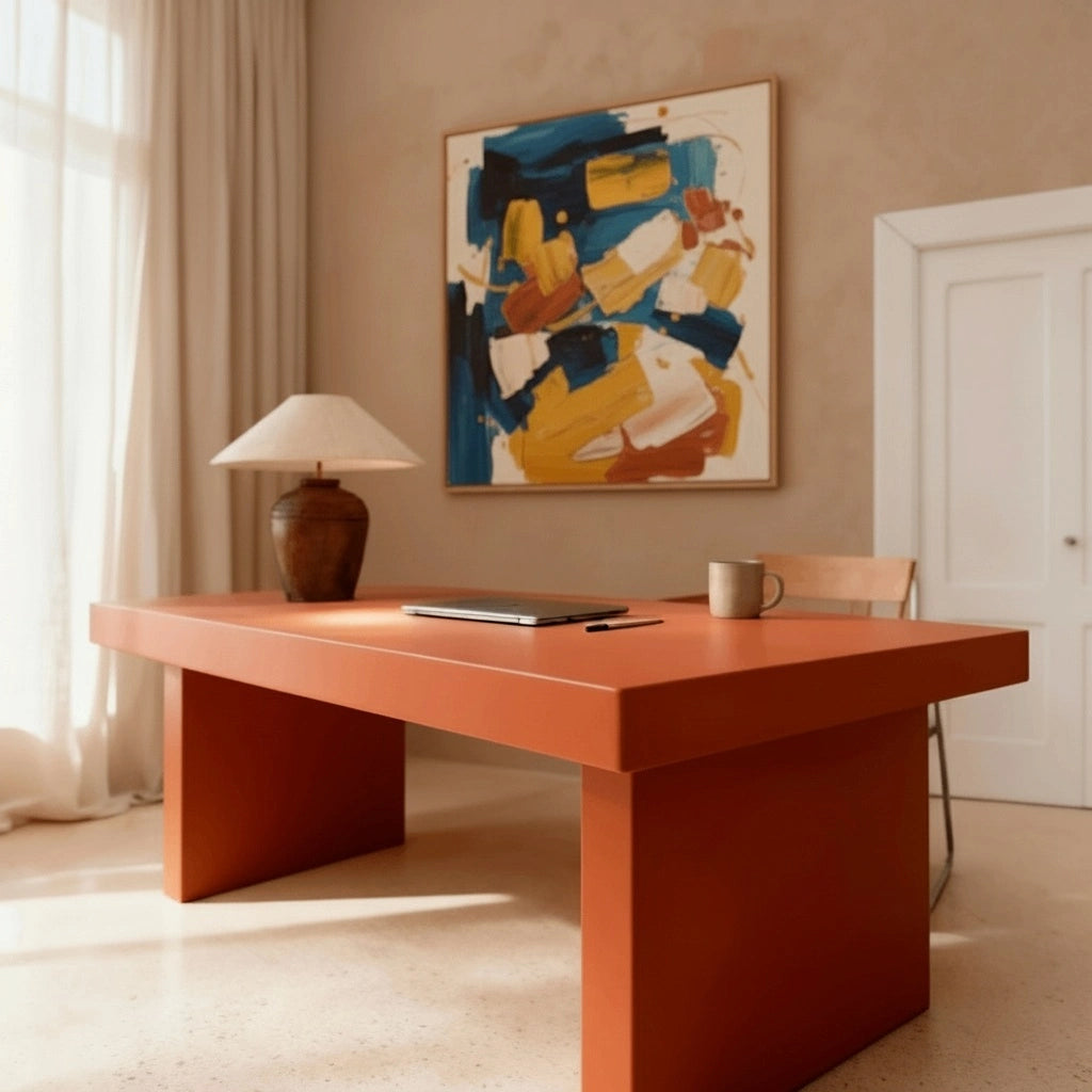 Despacho en casa con mesa de escritorio de microcemento color Coral, lámpara de cerámica y cuadro abstracto al fondo.