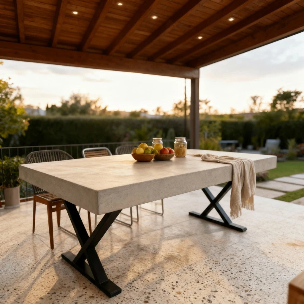 Mesa rectangular de microcemento color Liquen en terraza techada, patas metálicas en X, con fruteros y paño; jardín al atardecer.
