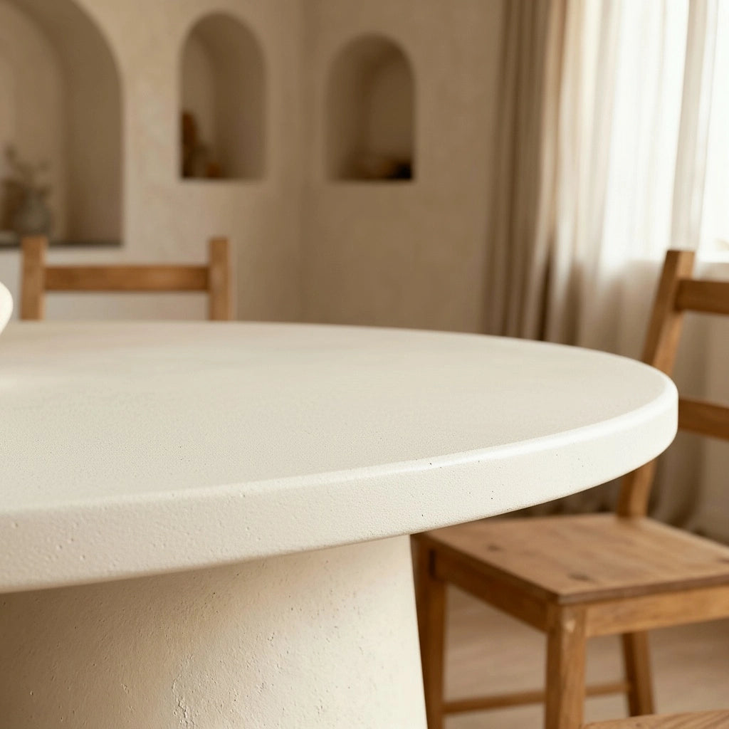 Mesa redonda de microcemento color Blanco Roto con base cilíndrica, junto a sillas de madera y luz suave.