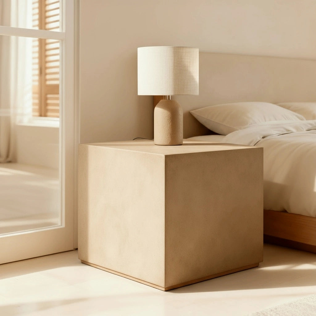 Mesita auxiliar con forma cúbica de microcemento color Spike, junto a la cama con lámpara de base cerámica encima.