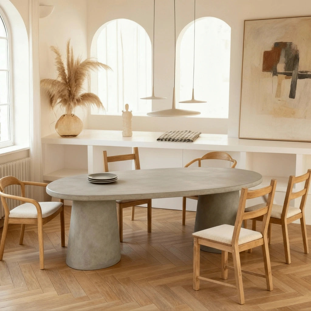 Mesa de comedor ovalada de microcemento color Universe, con base cónica y sillas de madera en un comedor luminoso.